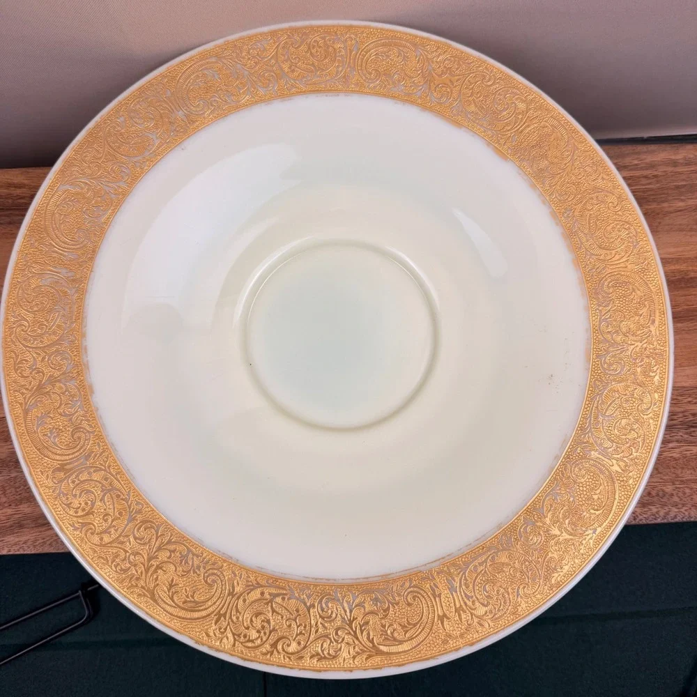 Vintage Custard Glass Bowl Gold Encrusted Etched Rim Uranium Glass 10.5 Inch
